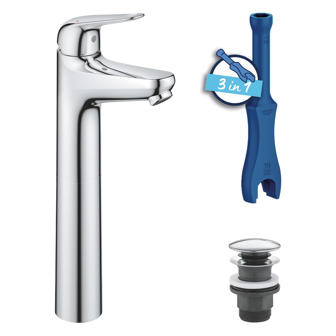 GROHE Swift, Waschtischarmatur hoch, wassersparend (Wasserhahn für das Bad, Badarmatur mit Pop-Up Ab