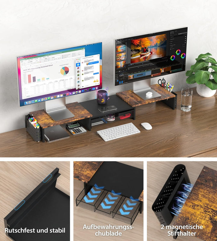 MOWETOO Dual Monitorständer Holz,Monitor Stand mit Schublade &amp; 2 Stifthaltern, Längenverstellbar &amp; D