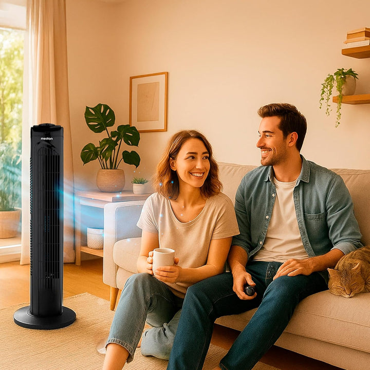 MEDION E11 TF Turmventilator mit Fernbedienung (3 Geschwindigkeitsstufen, leiser Schlafmodus, 45 Wat