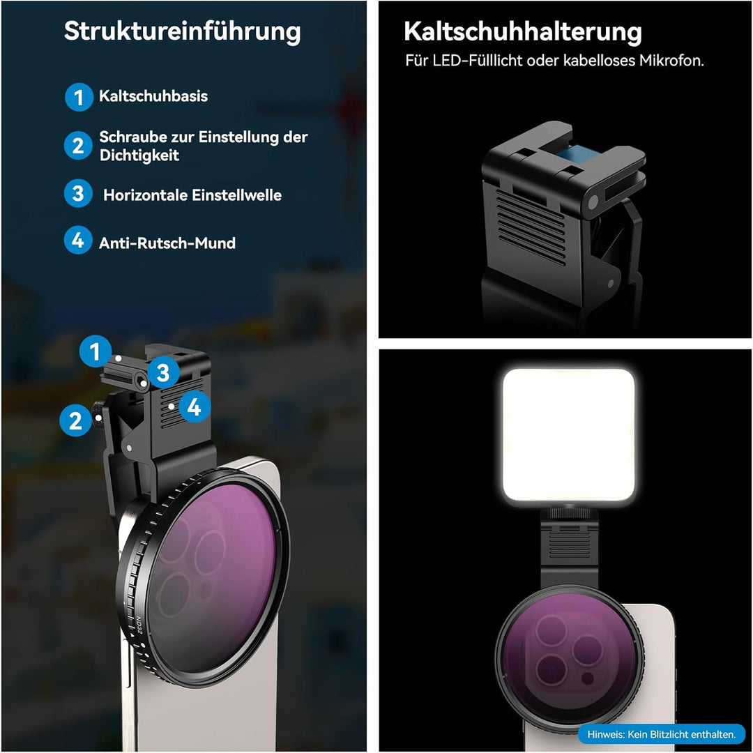 APEXEL Universal-Handyfilter, 67 mm Variabler ND2-ND400-Filter, Geeignet für iPhone 17/16/15... Sams