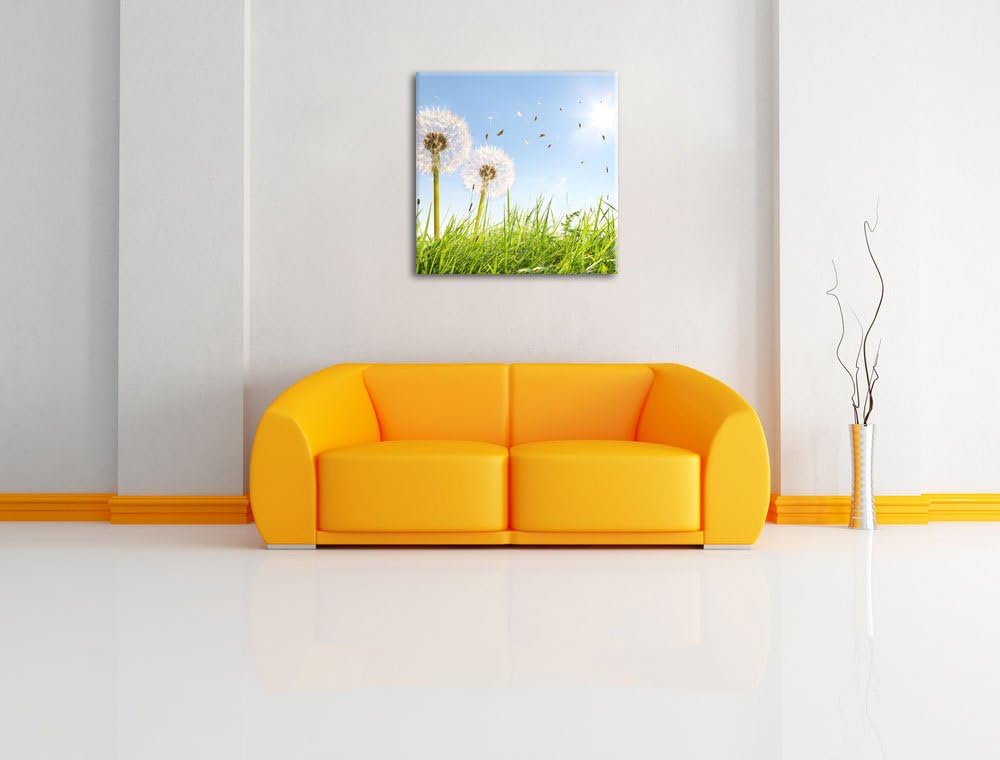 Pixxprint Pusteblumen auf Frühlingswiese / 70x70cm Leinwandbild bespannt auf Holzrahmen/Wandbild Kun