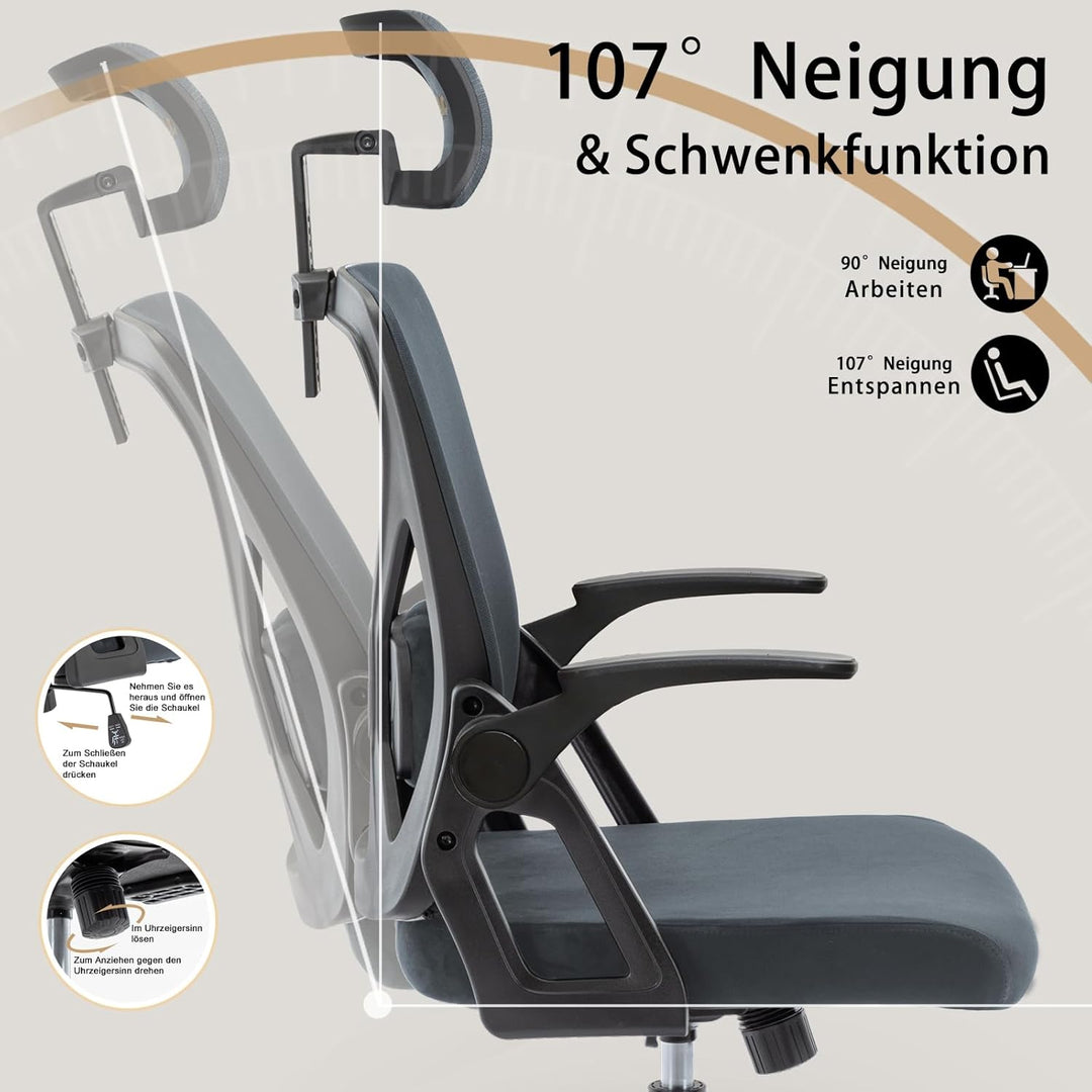 Symino Bürostuhl Ergonomisch, Schreibtischstuhl mit Verstellbarer Kopfstütze, Armlehnen, Lordosenstü