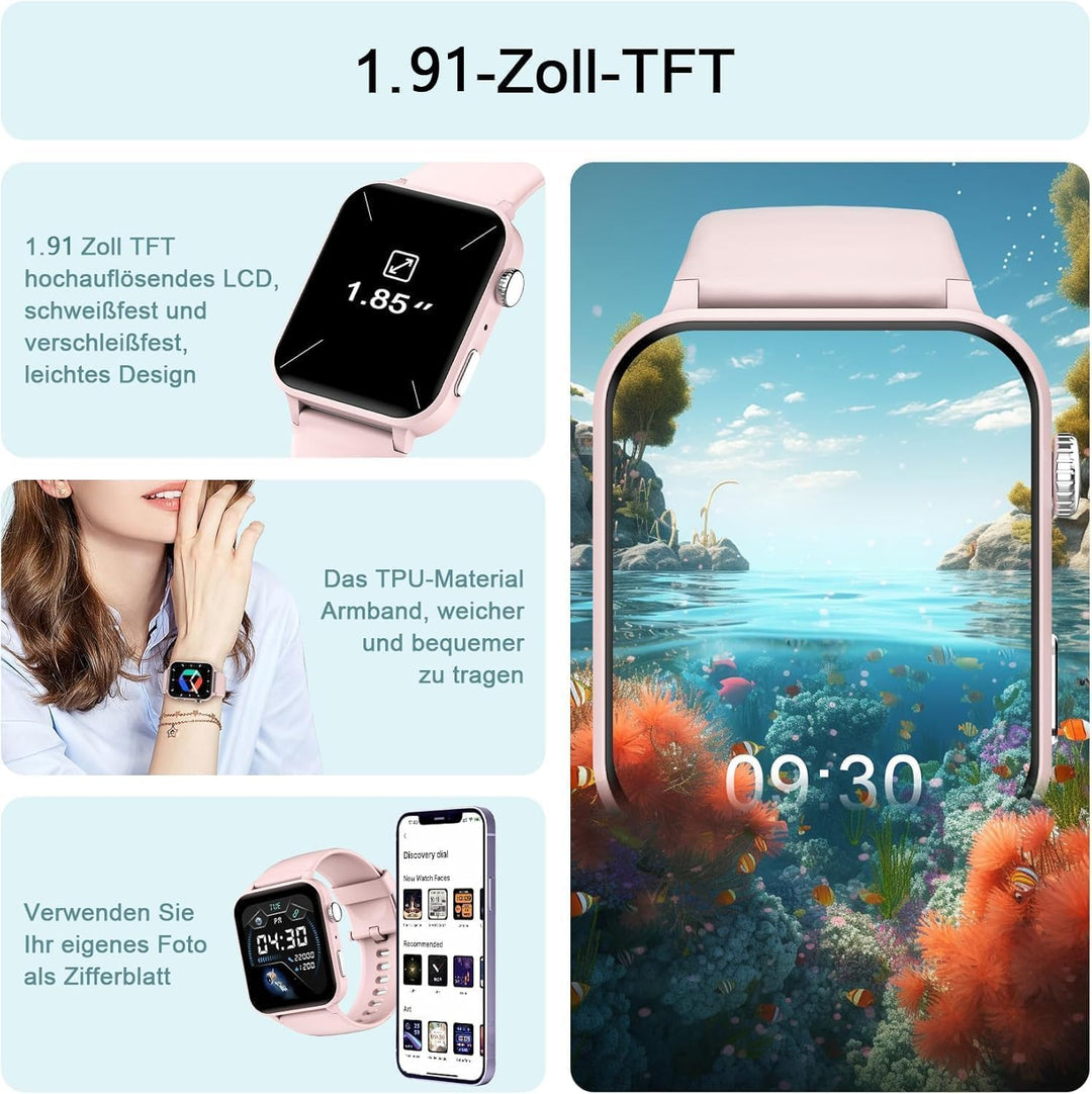 IOWODO Smartwatch Damen Herren 1,91 Zoll Uhren Fitnessuhr Sportuhr mit Schrittzähler Herzfrequenzmon