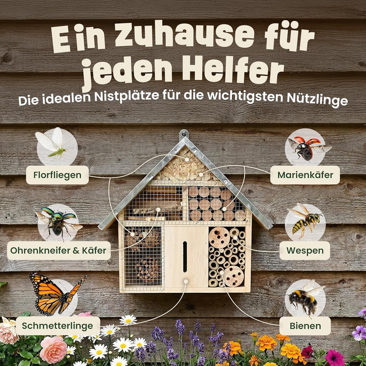 zooprinz Insektenhotel klein mit Metalldach – Insektenhaus/Bienenhotel aus Holz mit Bambus Röhrchen