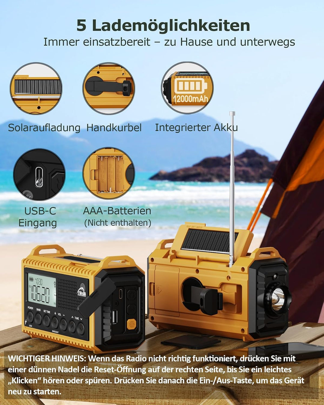 Roxicosly Kurbelradio, Notfallradio mit 12000-mAh Power Bank, AM/FM/SW Baustellenradio, Kurbel &amp; 5-W