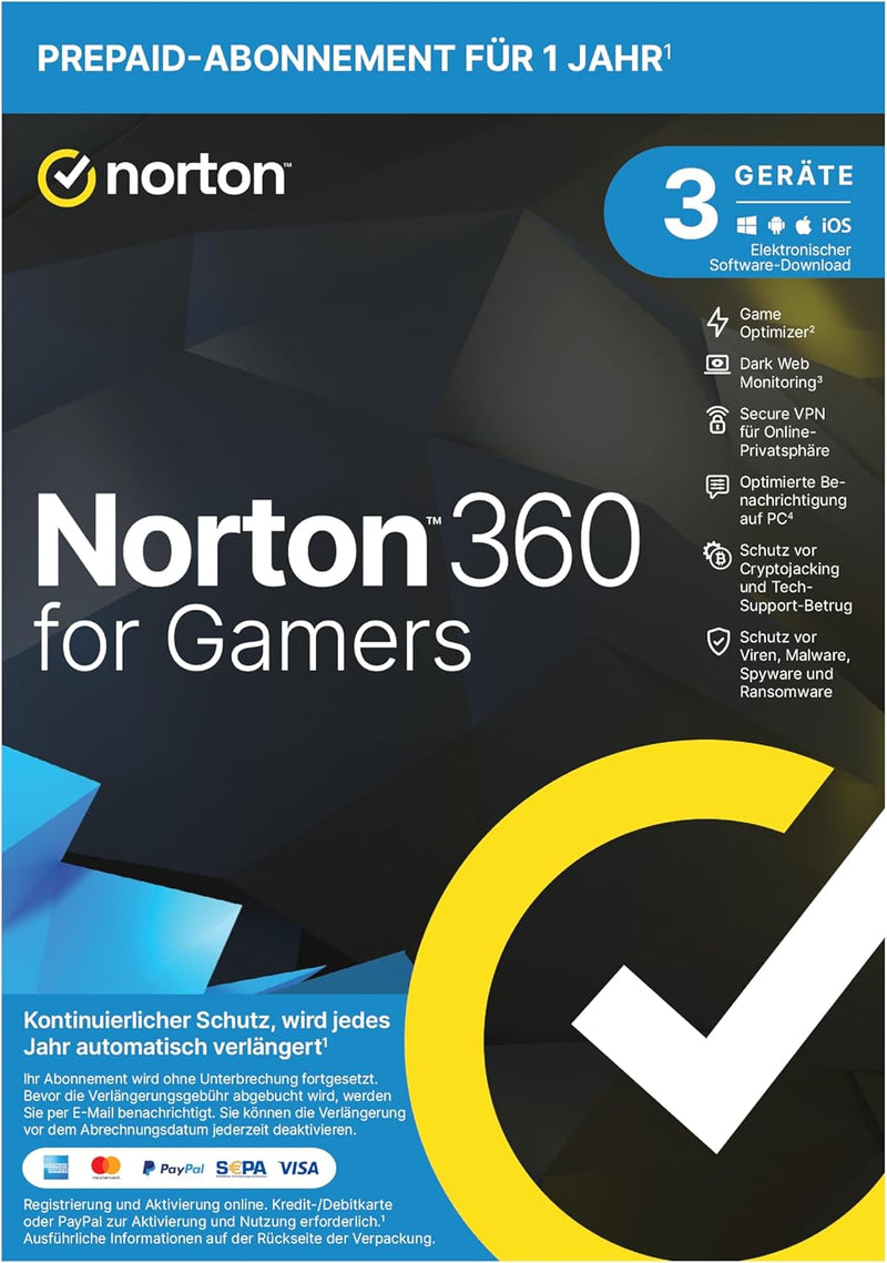 Norton 360 for Gamers 2021, Cybersicherheit für PC-Gamer, Mac oder Mobilgerät |3 Geräte| 1 Jahr | PC