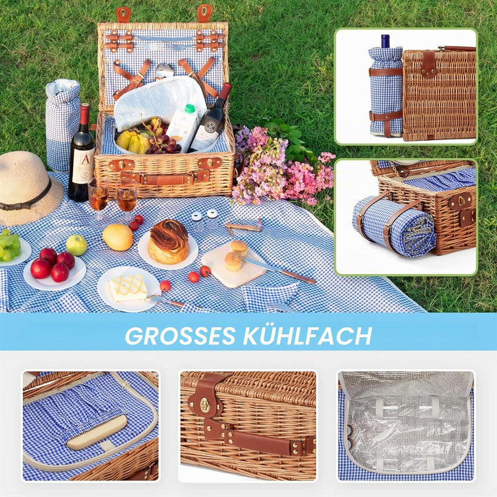 Wicker Picknickkorb Set für 2-4 Person mit Kühlfach und wasserdichte Picknickdecke, Abnehmbarer Riem