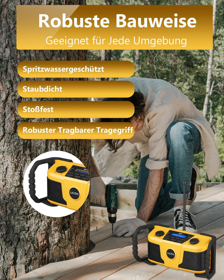 UEME DAB Plus Radio Baustellenradio Mit Akku,Outdoor Radio Mit Bluetooth, DAB+, FM Und Aux, Inklusiv