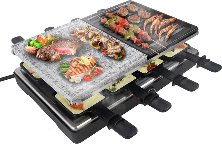 FIVMEN Raclette 8 Personen Raclette Grill 1400W mit 8 Pfännchen, 2 Granitplatte & Antihaftplatte Ele