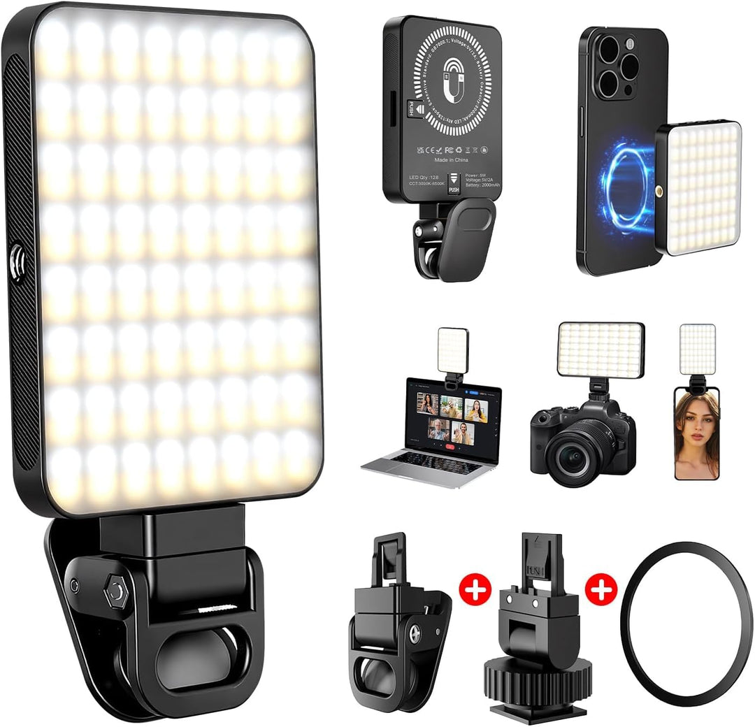 128LED Magnetisches Selfie Licht, 3000K-6500K 3 Lichtmodi Handylicht mit, 2000mAh Akku Videolicht mi