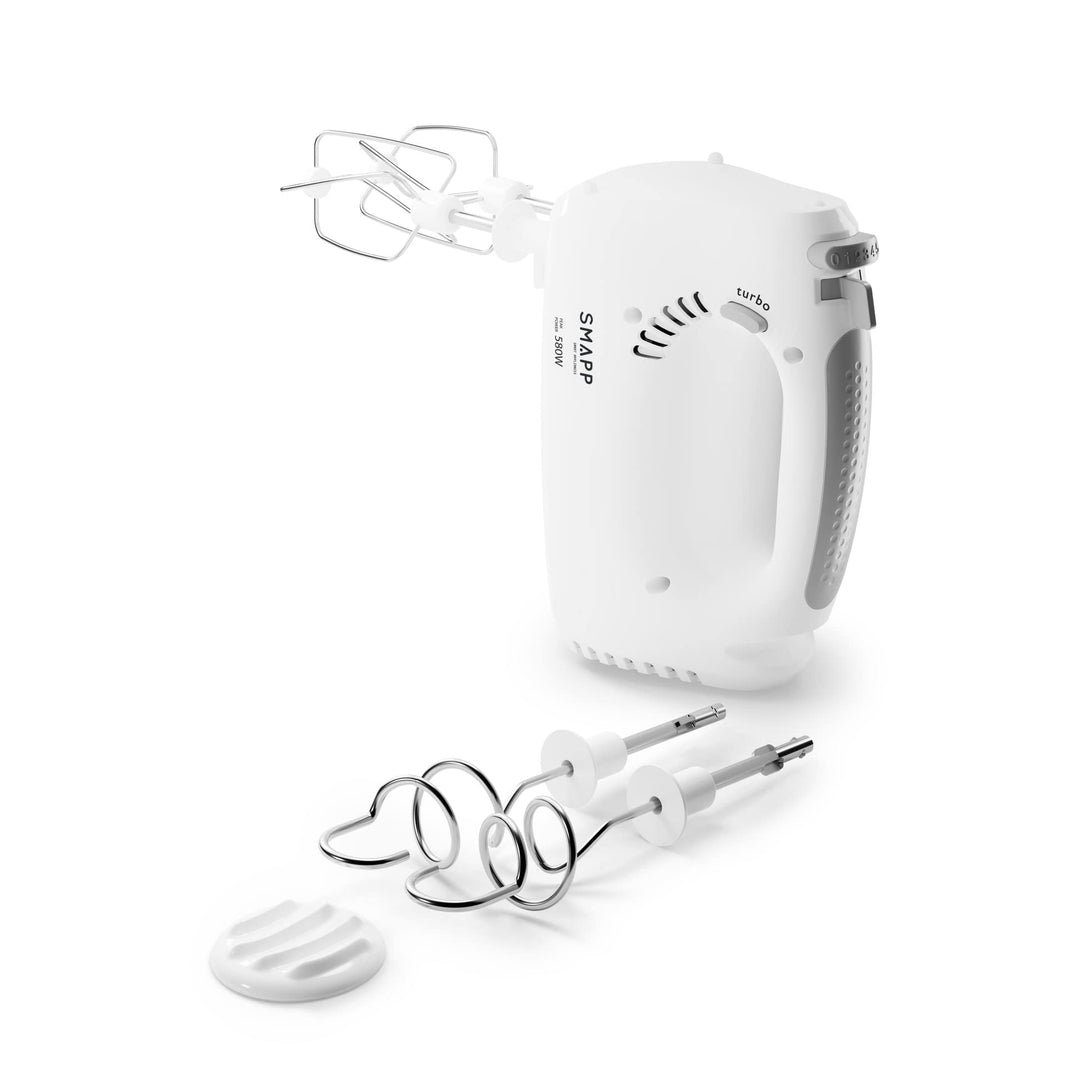 SMAPP 451.4 Handmixer, 580W, Weiss Küchenmixer, 5 Geschwindigkeiten + Turbo Boost, 2 Rührbesen und 2