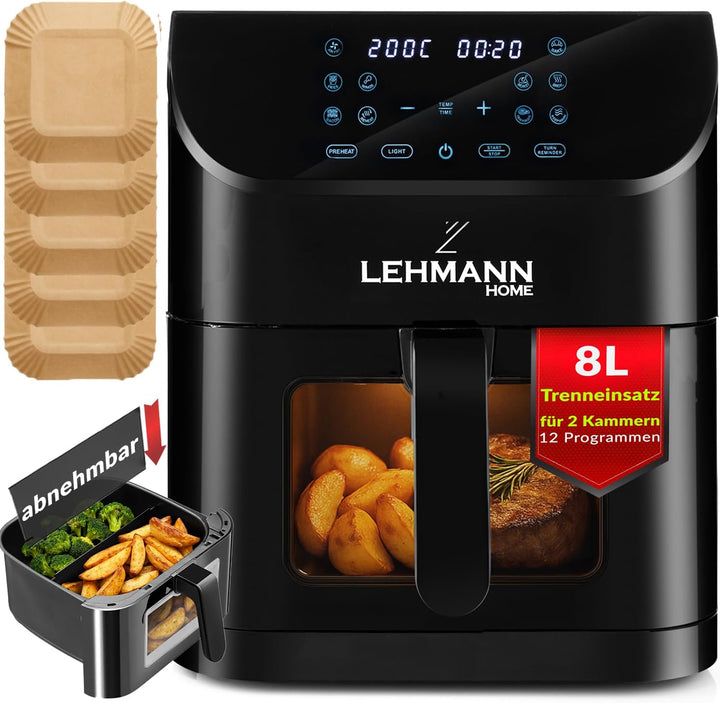 LEHMANN Heissluftfritteuse 8L, Airfryer mit Sichtfenster, Trenneinsatz für 2 Kammern, 12 Programmen,