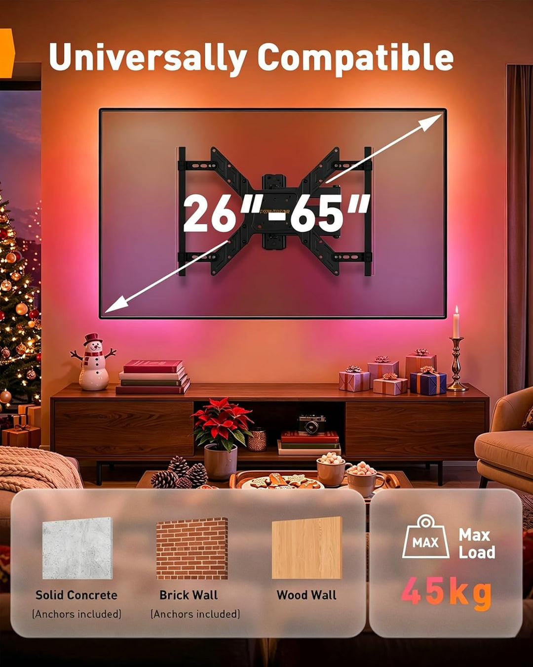 Perlegear Voll-bewegliche TV Wandhalterung mit LED-Lichtern für 25″-65″ TV 45kg, TV Halterung mit Ne