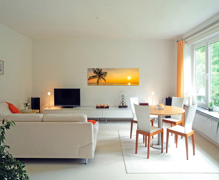 Panoramabild auf Leinwand und Keilrahmen 150x50cm Strand Meer Palme Sonnenuntergang