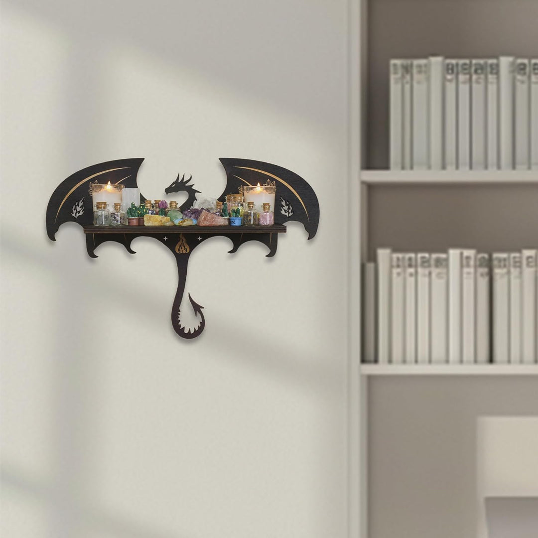 Gotisches Drachen Wandregal - Mystisches Schweberegal aus Holz für Kristalle & Deko im Hexen-Stil. S