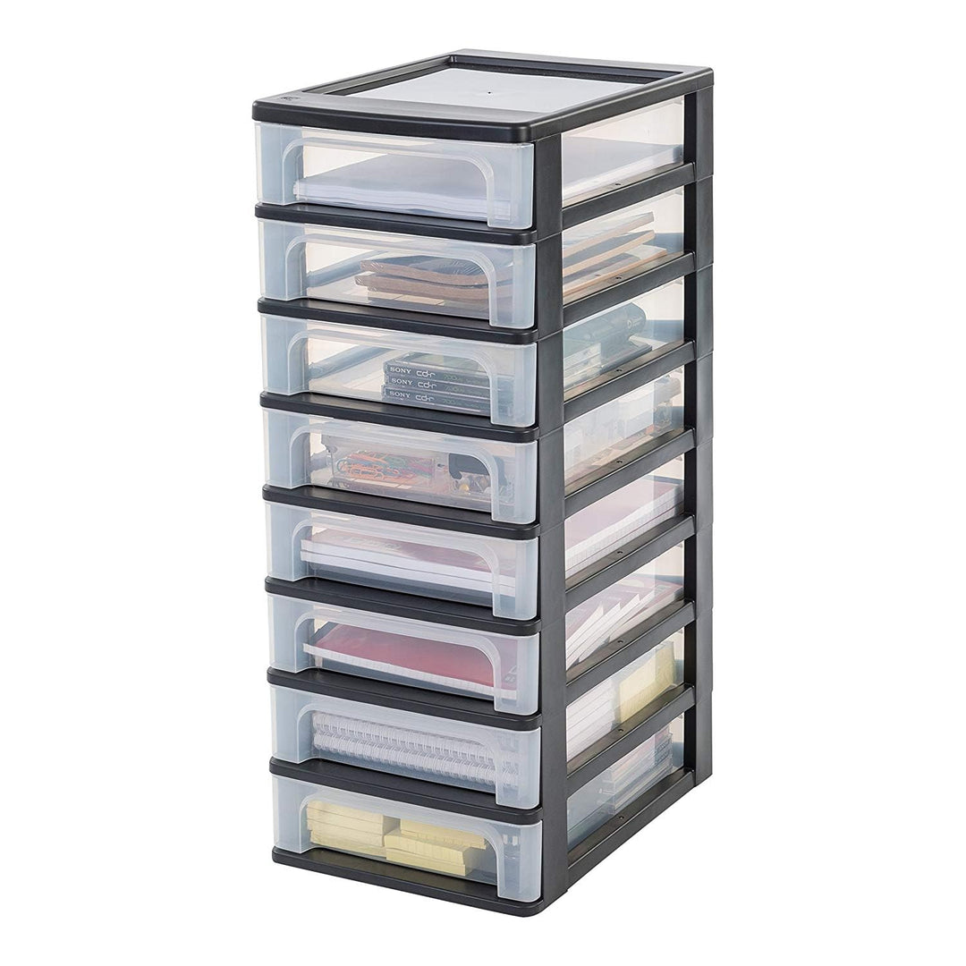 Iris Ohyama, Kunststoff Schubladenbox mit 8 flachen Schubladen, Schwarz, Easy-Pull-System, A4, A5 &