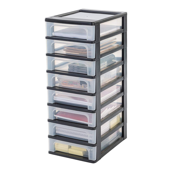 Iris Ohyama, Kunststoff Schubladenbox mit 8 flachen Schubladen, Schwarz, Easy-Pull-System, A4, A5 &