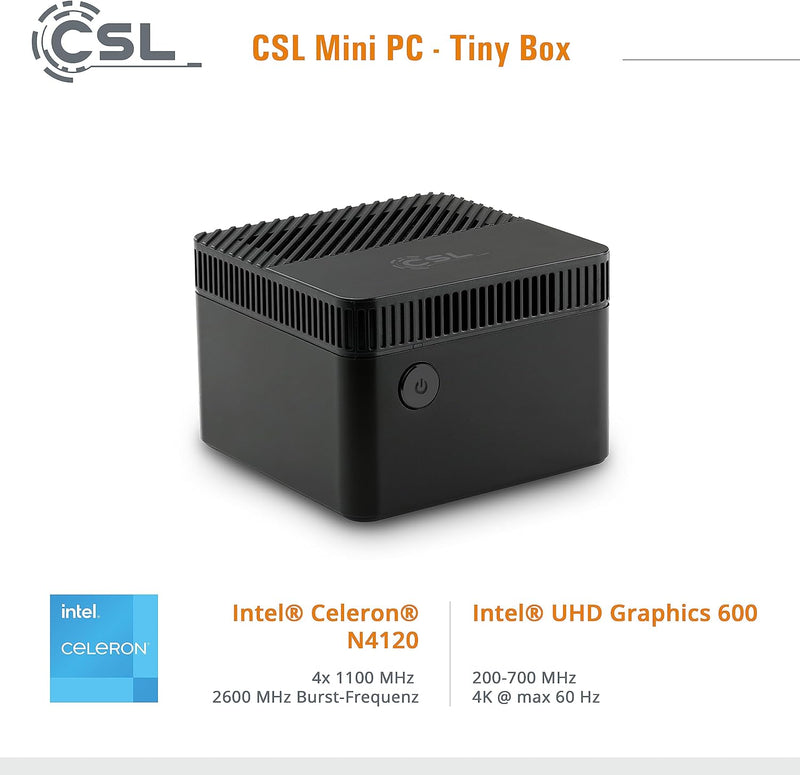 Mini PC CSL Tiny Box Windows 11 Home, Intel Celeron N4120 4x2600 MHz, 128 GB eMMC SSD, 4 GB DDR4-RAM