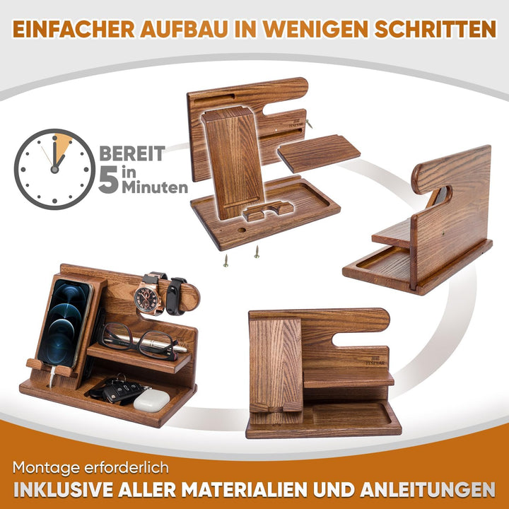 TESLYAR Holz-Telefon-Dockingstation für Männer – Schreibtisch- oder Nachttisch-Organizer – Geburtsta