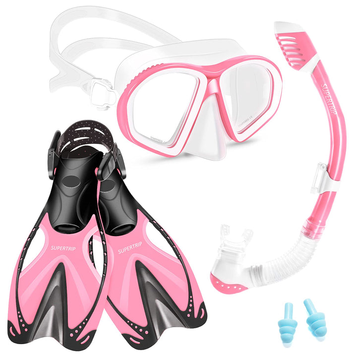 Supertrip Kinder Schnorchelset 3-teilig, Schnorcheln Set mit Flossen, Taucherbrille mit Tempered Gla
