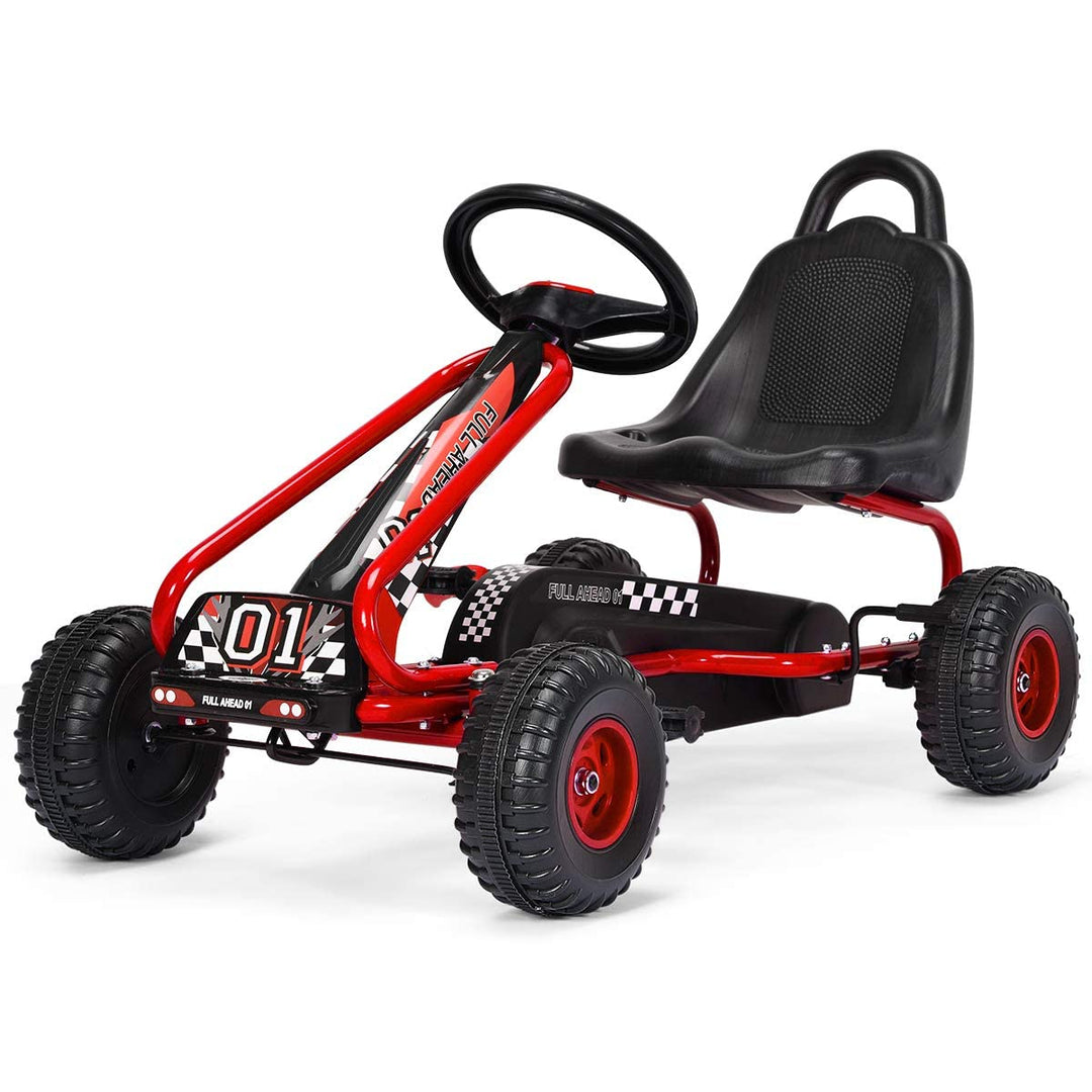 FANTASK Gokart mit verstellbarem Sitz, Go Cart mit Handbremse, Tretauto bis 30 kg belastbar, Kinderf