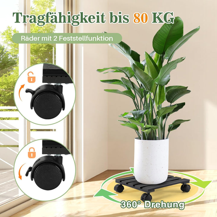 Ikodm 2X WPC Pflanzenroller Eckig 30 x 30 cm｜Blumenroller mit Rollen, Rolluntersetzer Tragkraft 80 k