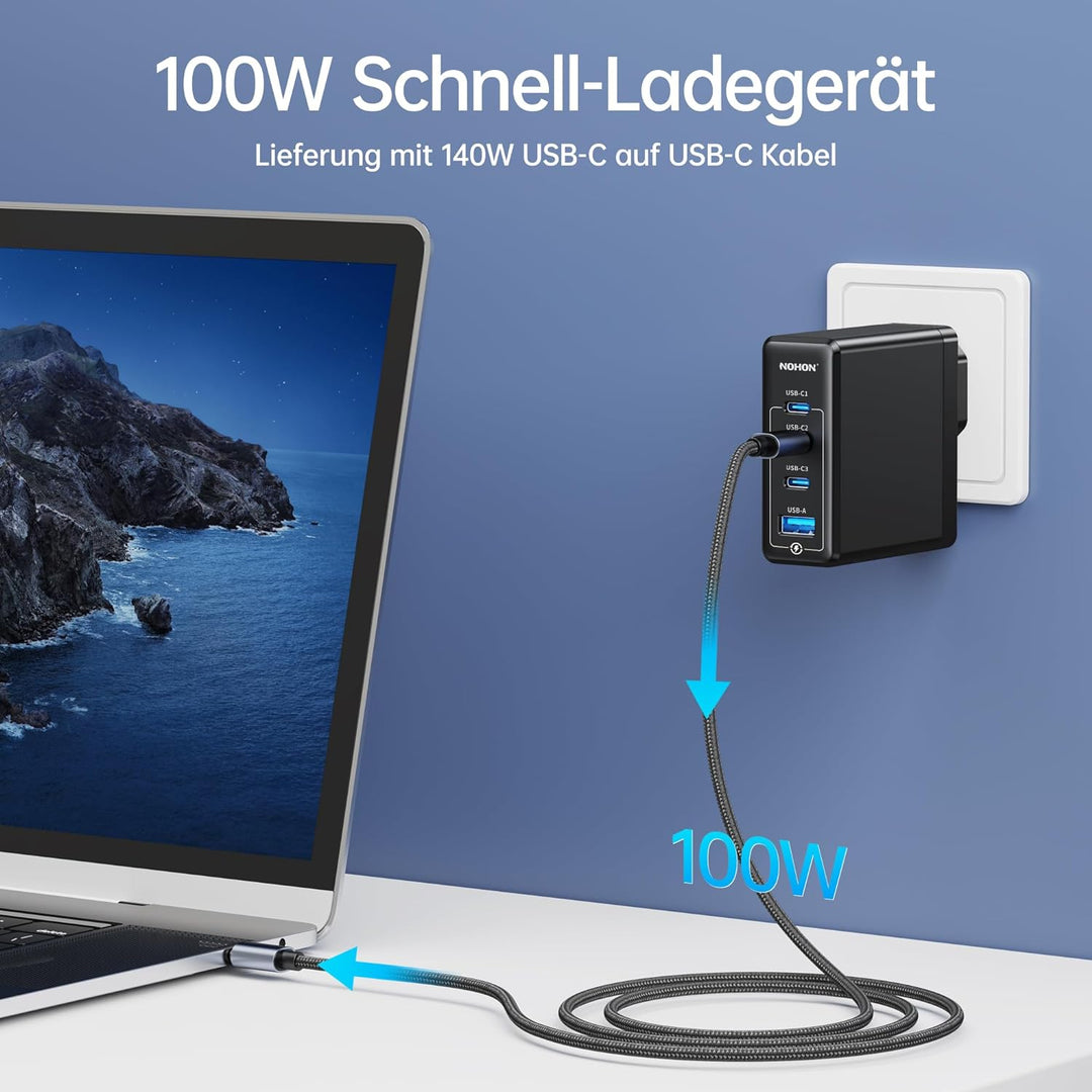 NOHON USB-C Ladegerät Fast Netzteil: 100W GaN Handy 3-Port Schnellladegerät PD3.0 mit 140W Typ-C 1.2