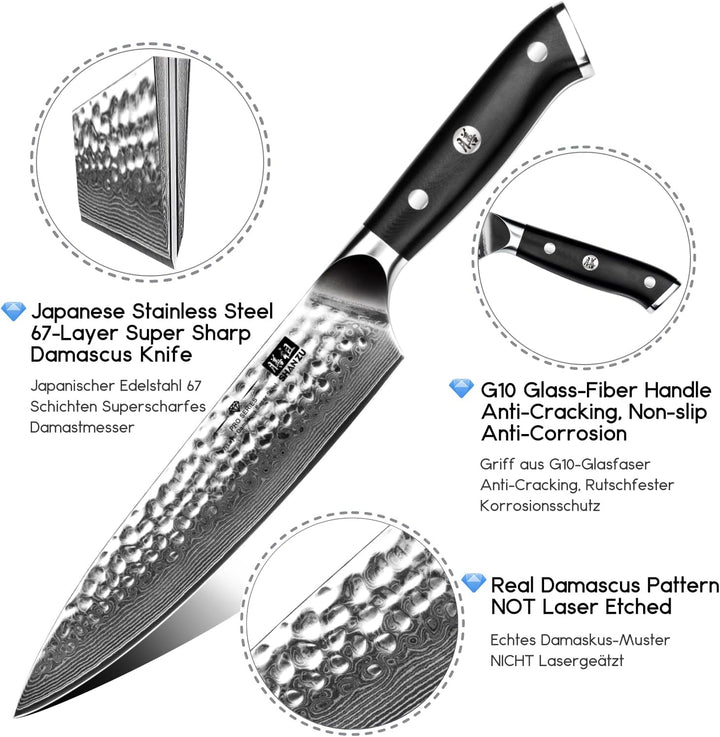 SHAN ZU Damastmesser Kochmesser 67 Schichten Damaststahl Küchenmesser mit G10 Griff 20CM - PRO Serie
