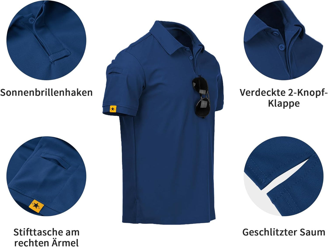 geeksport Poloshirt Herren Golf Kurzarm Freizeit Sport Polo Tennis Tshirts mit Brillenhalter Knopfle