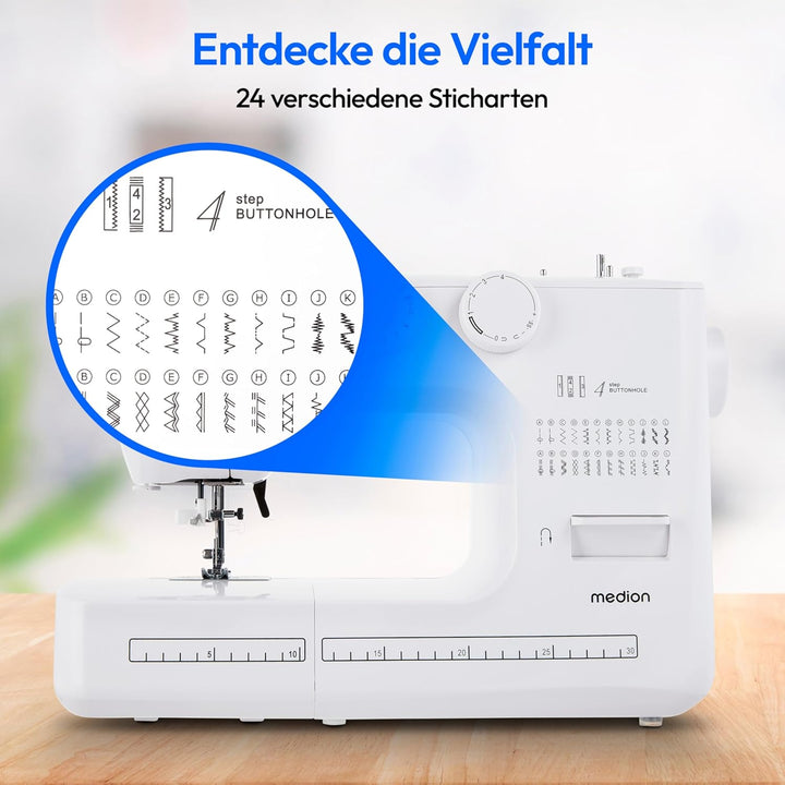 MEDION Freiarm-Nähmaschine SM60 (60 Watt, 60 verschiedene Stichmuster mit Knopflöchern, LED Nählicht