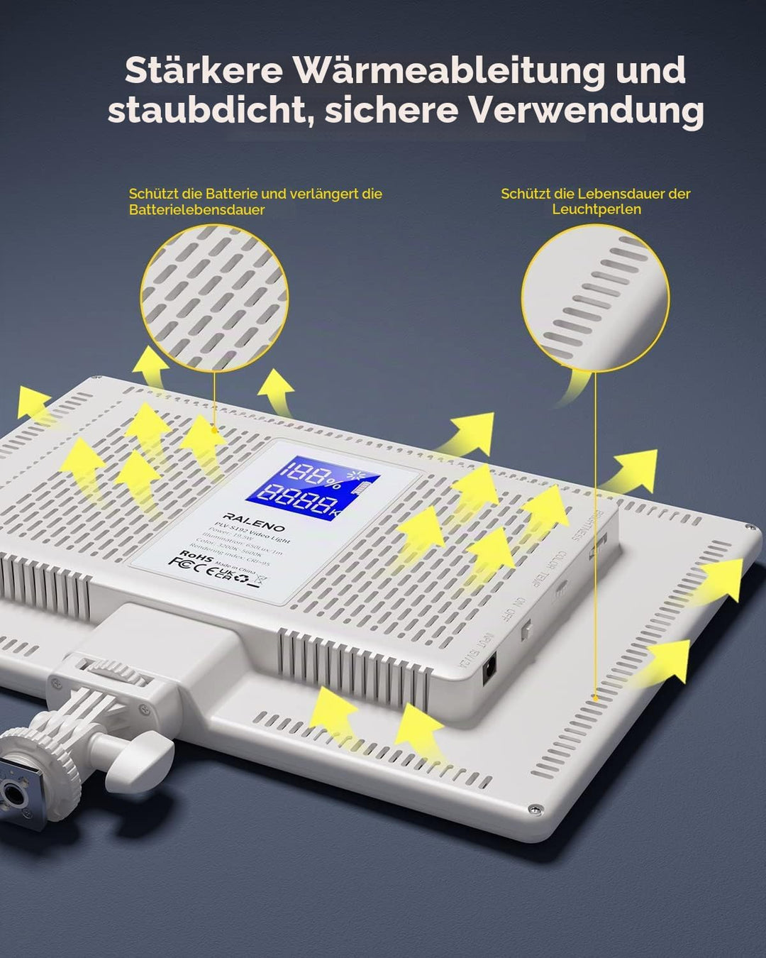 RALENO LED Videoleuchte, eingebauter 4000 mAh * 2 Akku 3200-5600 K CRI95 0-100% Helligkeitseinstellu