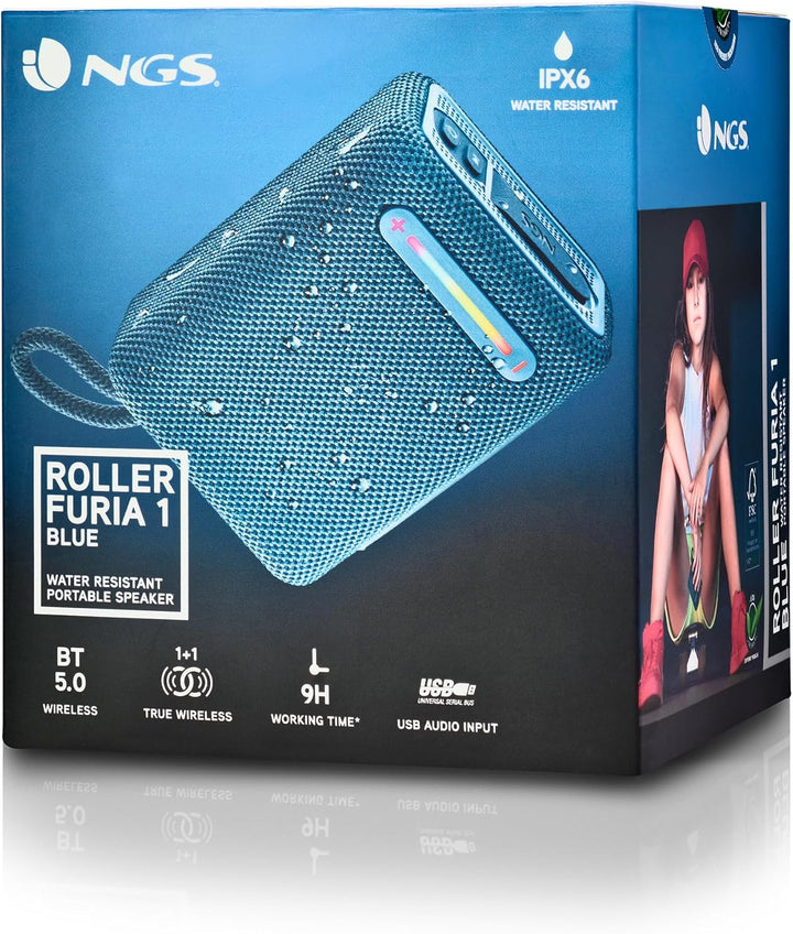 NGS Roller Furia 1 Blue - Tragbarer Lautsprecher mit Bluetooth-Technologie, RGB-Lichtern, IPX6-Wasse