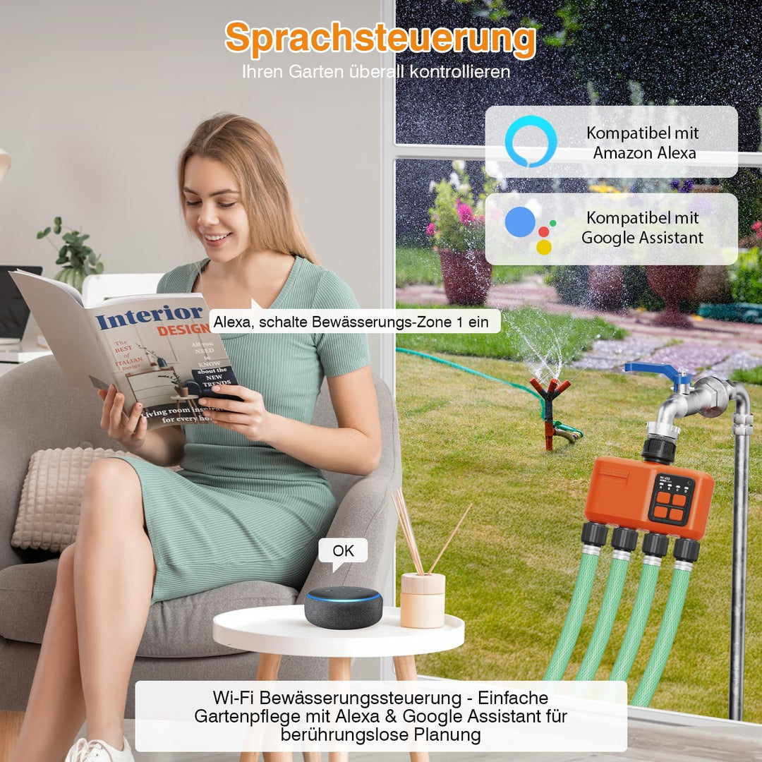 Bewässerungscomputer WLAN 4 Ausgänge mit 300 Meter RF, Starke Wanddurchdringung, Automatische Smarte