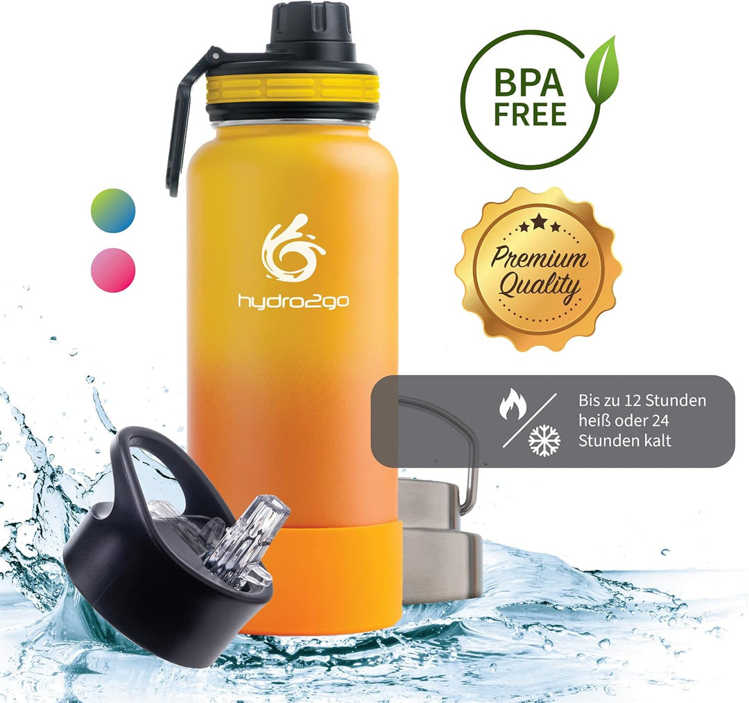 hydro2go ® Trinkflasche aus Edelstahl 1000 ml / 1 Liter - für Sport, Fitness & Outdoor | Thermo Edel