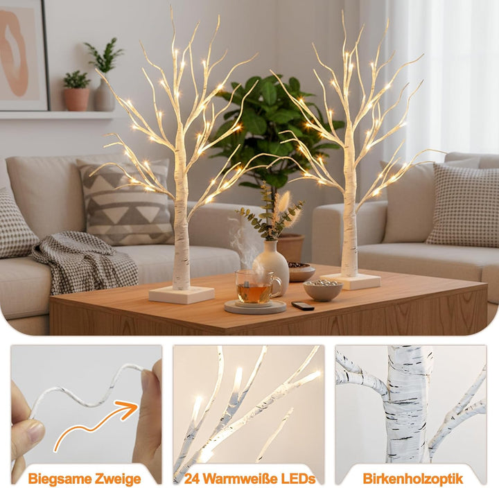 DELICHTER 4er Set Lichterbaum Lichterzweige für Innen 24 Warmweiss LEDs Bäumchen Birken Dekozweige B