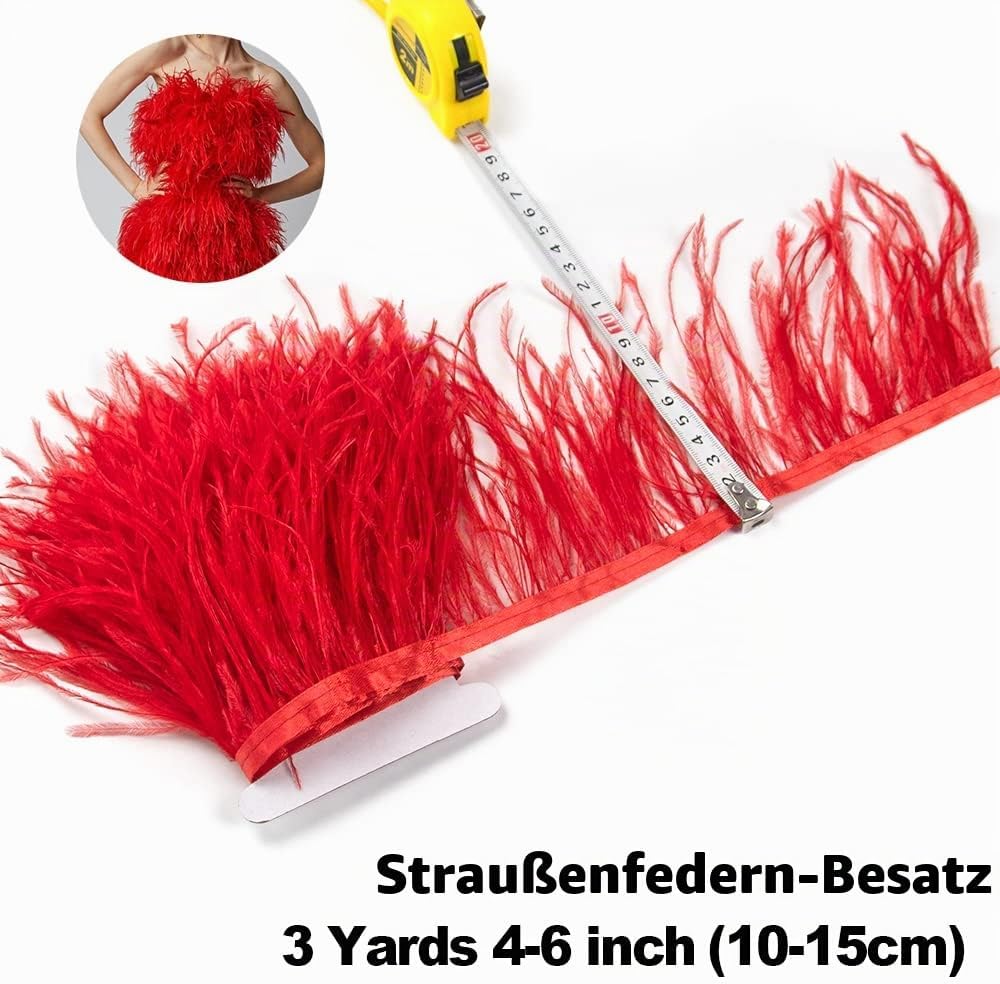 3 Yards 10–15 cm grosse rote Straussenfedern Trim Fransen für DIY Kleid Nähen Handwerk Kostüme Dekor