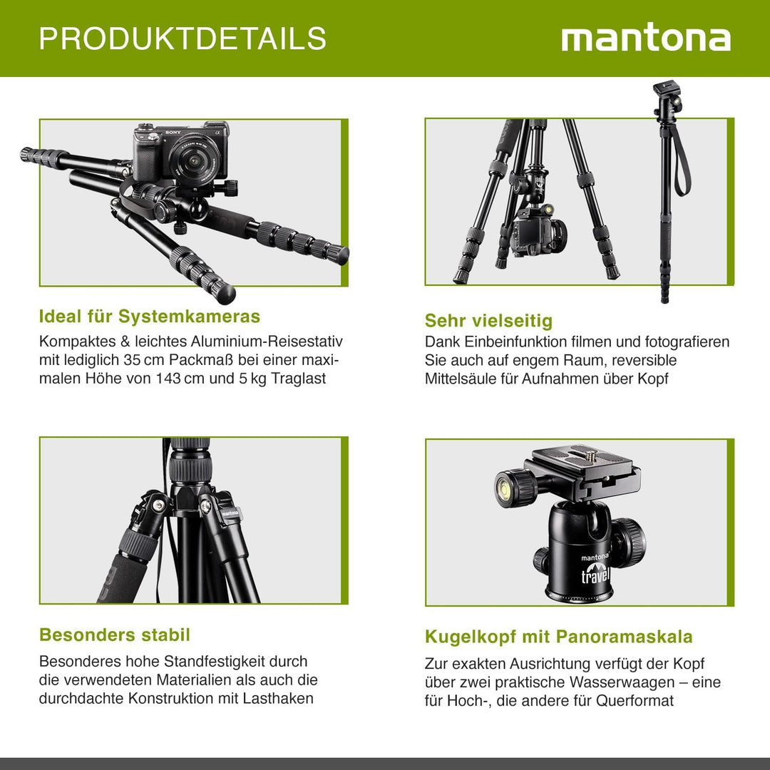 Mantona DSLM Reisestativ Travel - 350 x 90 x 90 mm/max. Traglast ca. 5 kg - mit Kugelkopf, Panoramas
