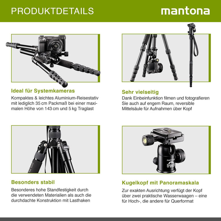 Mantona DSLM Reisestativ Travel - 350 x 90 x 90 mm/max. Traglast ca. 5 kg - mit Kugelkopf, Panoramas