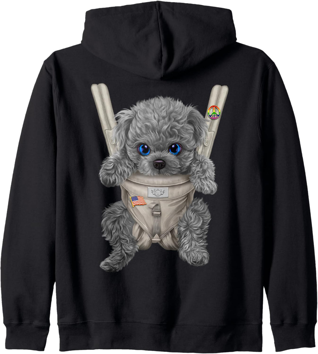 Blauer Pudelhund in der Babytrage Kapuzenjacke