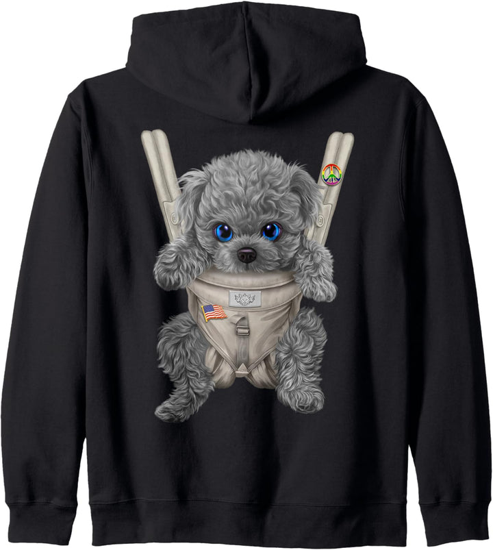 Blauer Pudelhund in der Babytrage Kapuzenjacke
