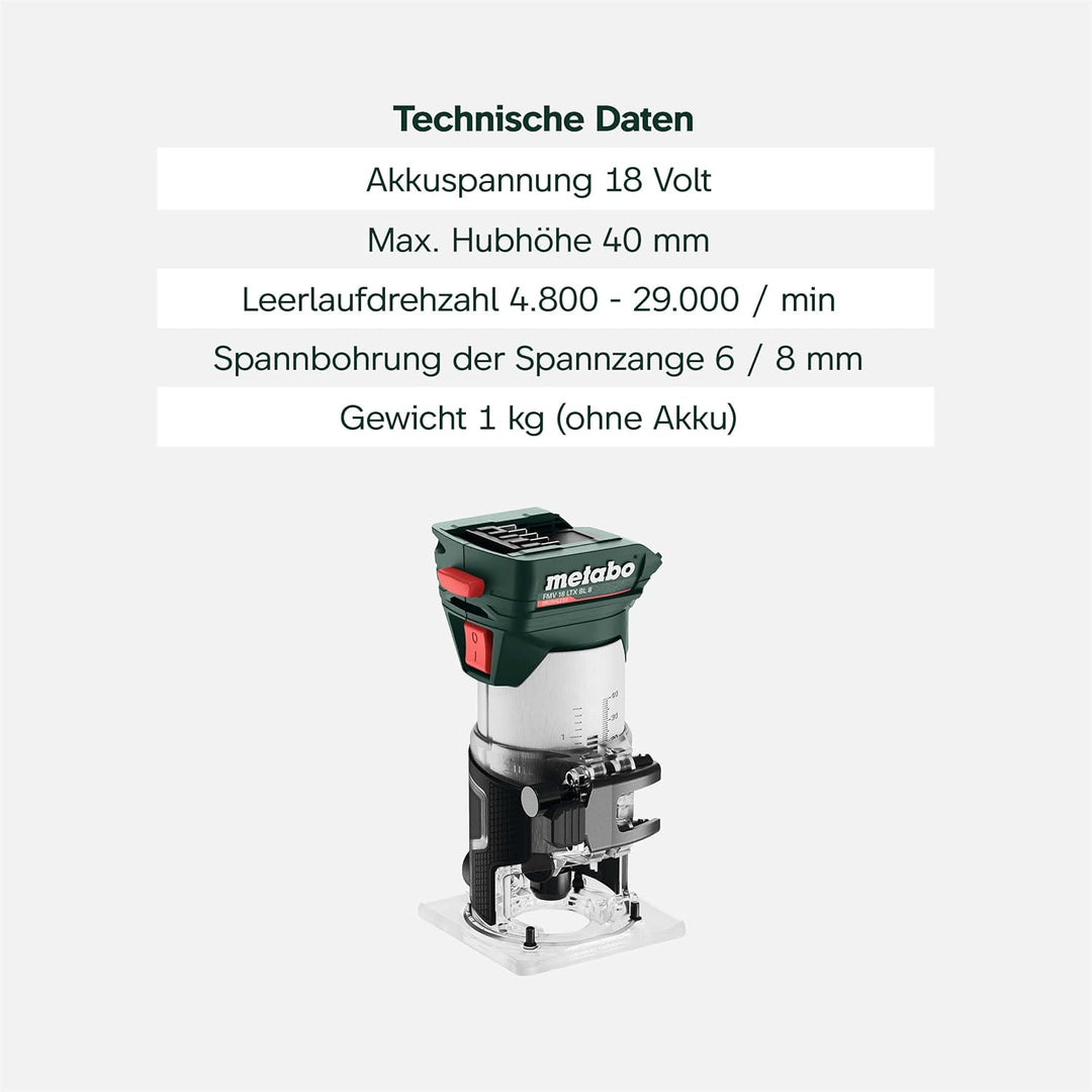 metabo Akku-Kantenfräse FMV 18 LTX BL 8-18V, Brushless-Motor, 4800-29000 U/min, 6/8 mm Spannzange, m