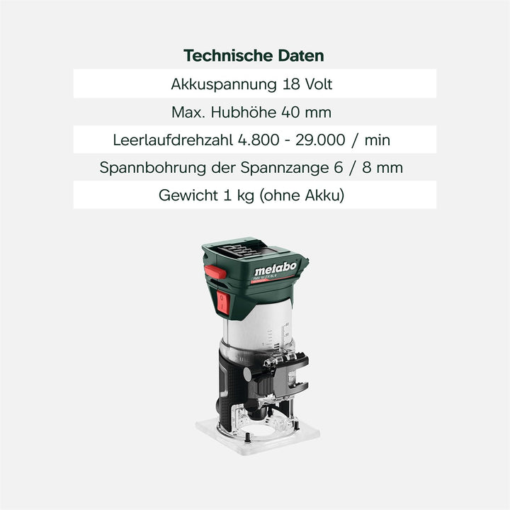 metabo Akku-Kantenfräse FMV 18 LTX BL 8-18V, Brushless-Motor, 4800-29000 U/min, 6/8 mm Spannzange, m