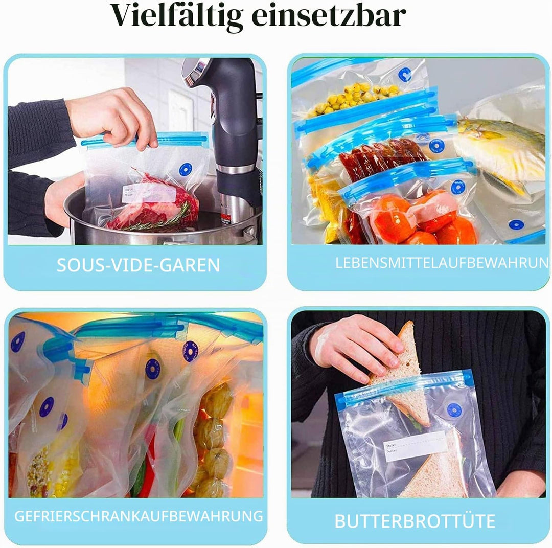 Sous Vide Beutel 15 Stück Wiederverwendbare Vakuum Lebensmittellagerbeutel mit 1 Handpumpe, 4 Versch