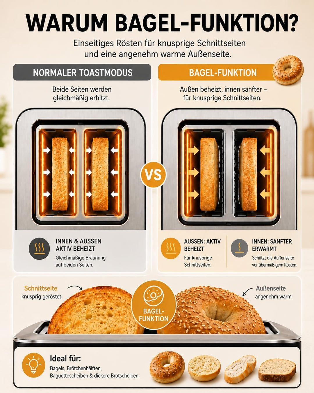 Edelstahl Toaster 2 Scheiben mit Digital Countdown und Bagelfunktion | Mit Brötchenaufsatz, 6 Bräunu