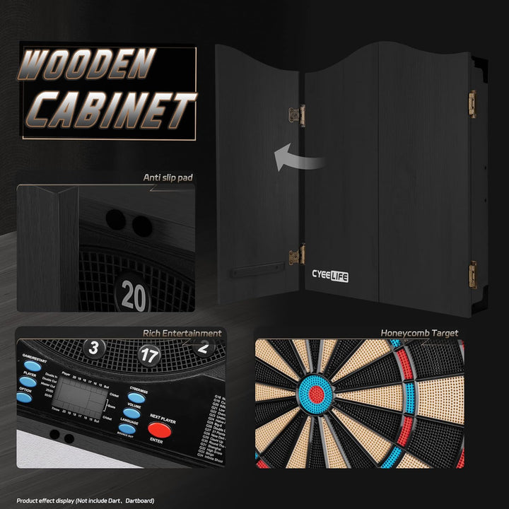 CyeeLife Elektronisch Dartscheibe mit Holzkiste Kabinette und 12 Dartpfeile Set