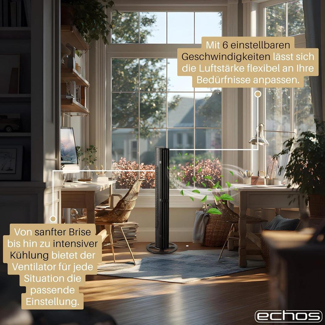 Echos® Turmventilator Leise mit Fernbedienung & Kühlung 75W – Standventilator mit 6 Geschwindigkeite