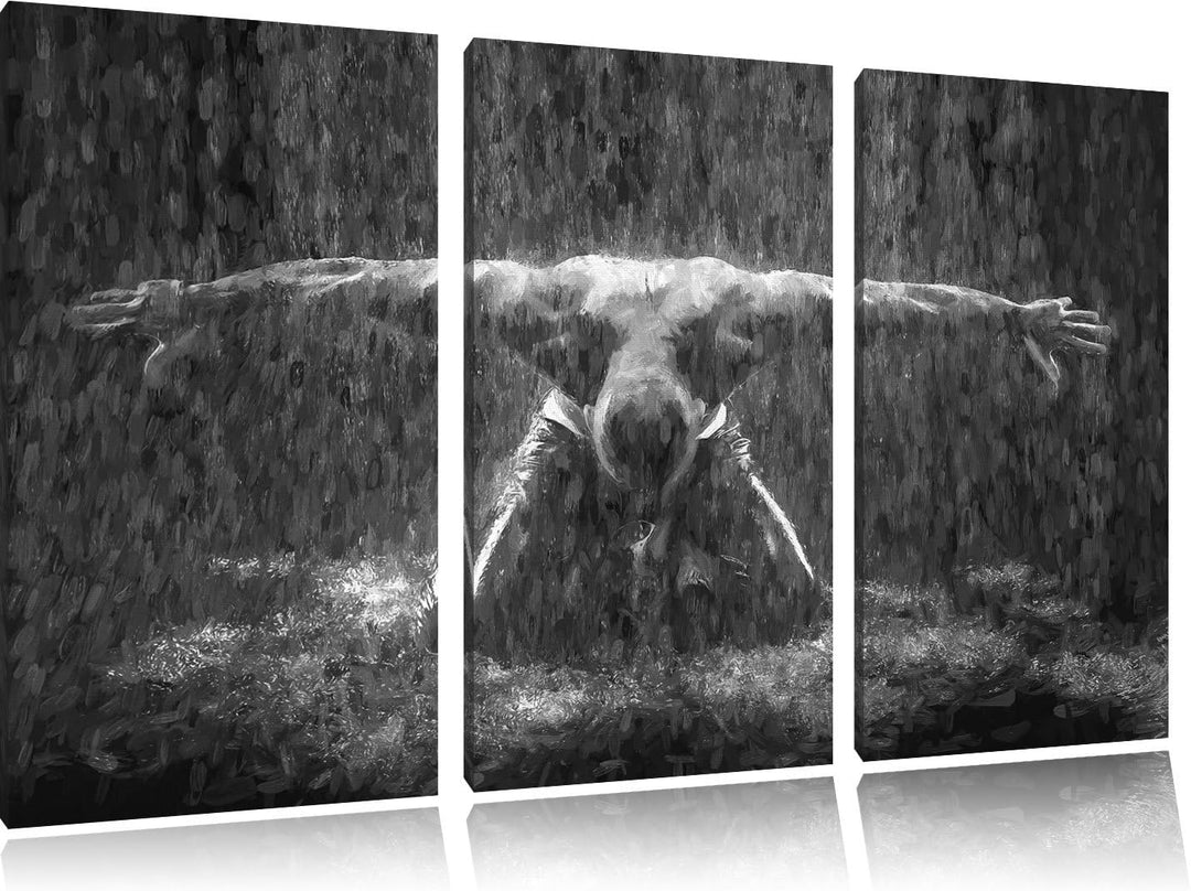 Pixxprint Bodybuilder im Regen Kunst als Leinwandbild/Grösse: 3 Teilig (120x80) / Wandbild/Kunstdruc