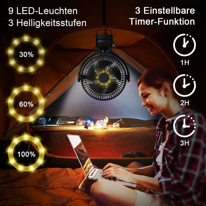 ELZO Tischventilatoren Camping Ventilator, 21cm/8.26 Zoll, 12000mAh Wiederaufladbarer USB Ventilator