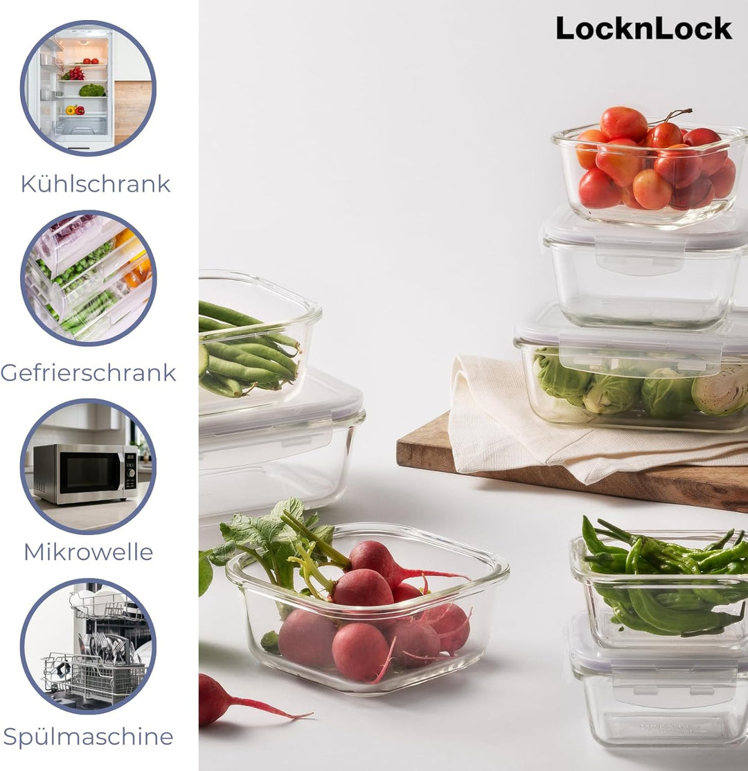 LocknLock OVEN GLASS Frischhaltedosen Glas mit Deckel | 1,0 L | 200 x 152 x 74 mm | Kühlschrank, Gef