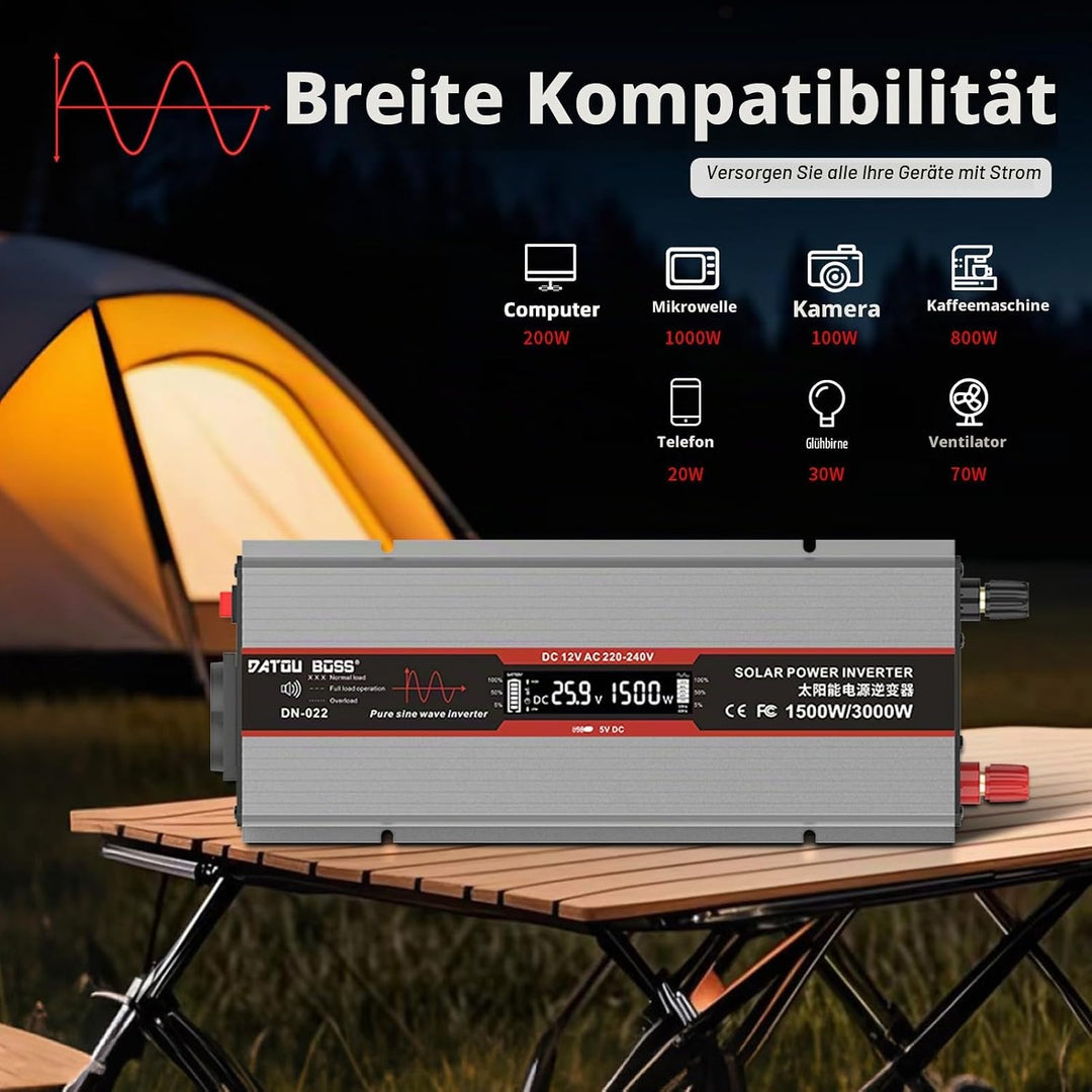 DATOUBOSS Wechselrichter 24v auf 230v Reiner Sinus 1500W/3000W Spannungswandler mit LCD-Display,USB